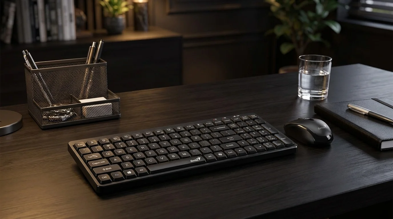 Bezdrátový set klávesnice a myši Genius LuxeMate Q8100 Black na tmavém dřevěném stole.