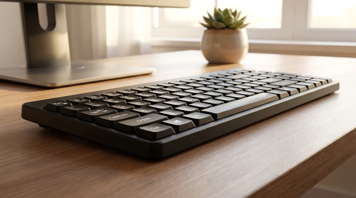 Černá nízkoprofilová klávesnice Genius LuxeMate Q8100 položená na dřevěném stole.