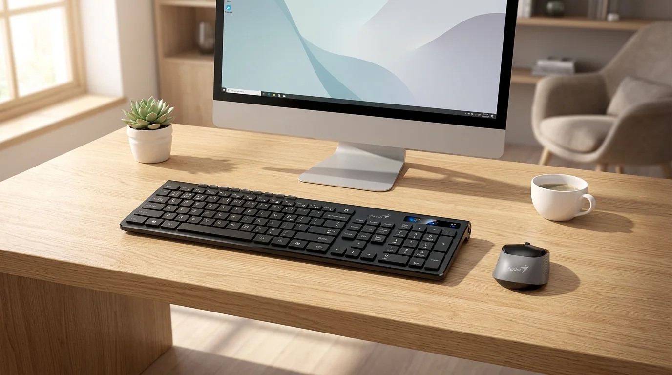 Černá bezdrátová klávesnice a myš Genius SlimStar 8230 Black na dřevěném stole před monitorem.