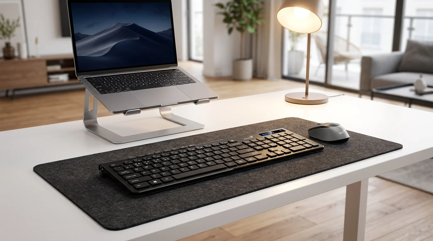 Set bezdrátové klávesnice a myši Genius SlimStar 8230 Black na tmavé podložce na bílém stole s notebookem