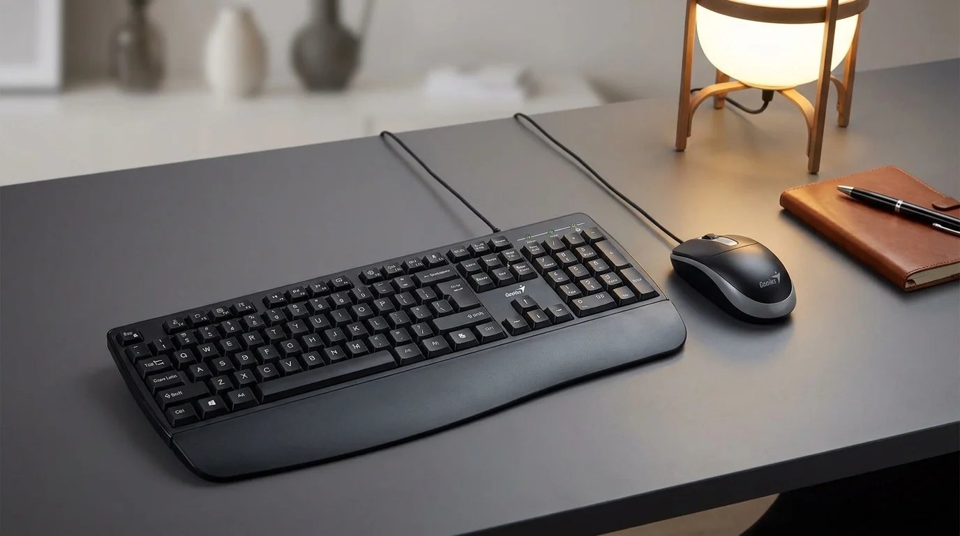Černá drátová klávesnice a optická myš Genius KM-123 na šedém pracovním stole.