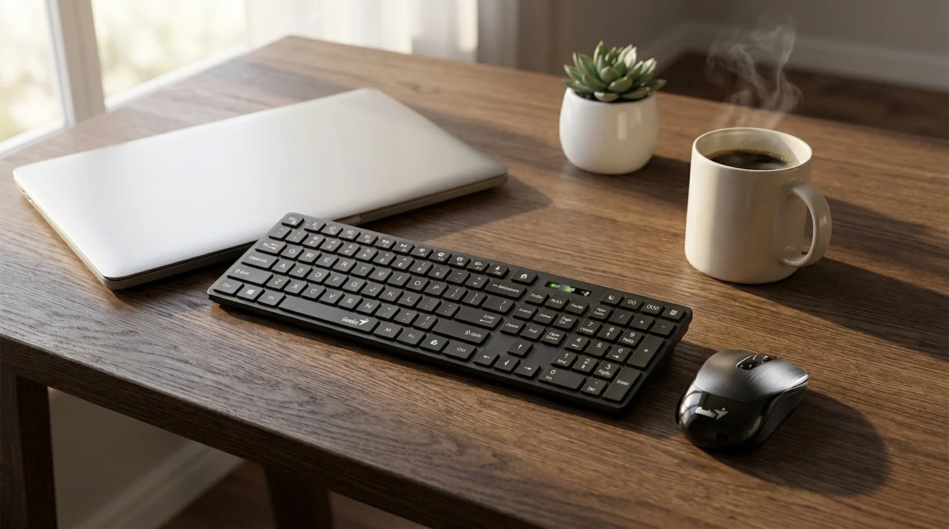 Bezdrátová klávesnice a myš Genius SlimStar 8250 Black na dřevěném stole vedle zavřeného notebooku a kouřícího hrnku s kávou.