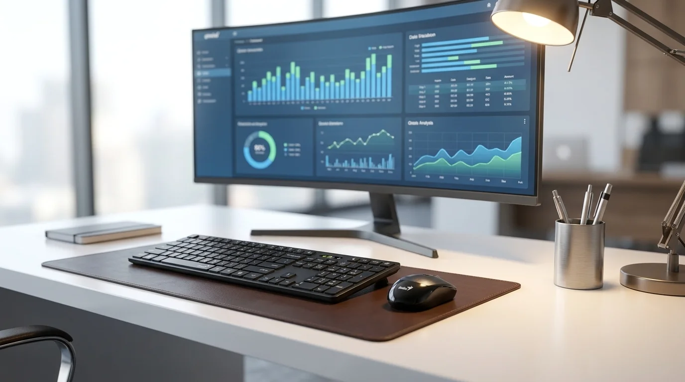 Černá bezdrátová klávesnice a myš Genius SlimStar 8250 Black na hnědé podložce na moderním pracovním stole s monitorem v pozadí.