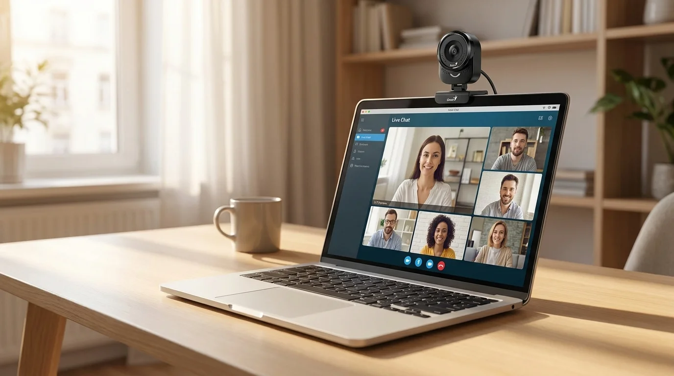 Webkamera Genius FaceCam 1000X Q je upevněn&aacute; na monitoru poč&iacute;tače.