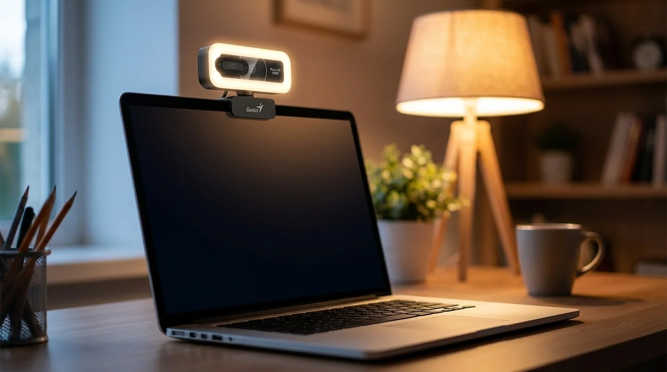 Webov&aacute; kamera Genius FaceCam Light s rozsv&iacute;cen&yacute;m světeln&yacute;m prstencem je připevněn&aacute; na displeji notebooku.