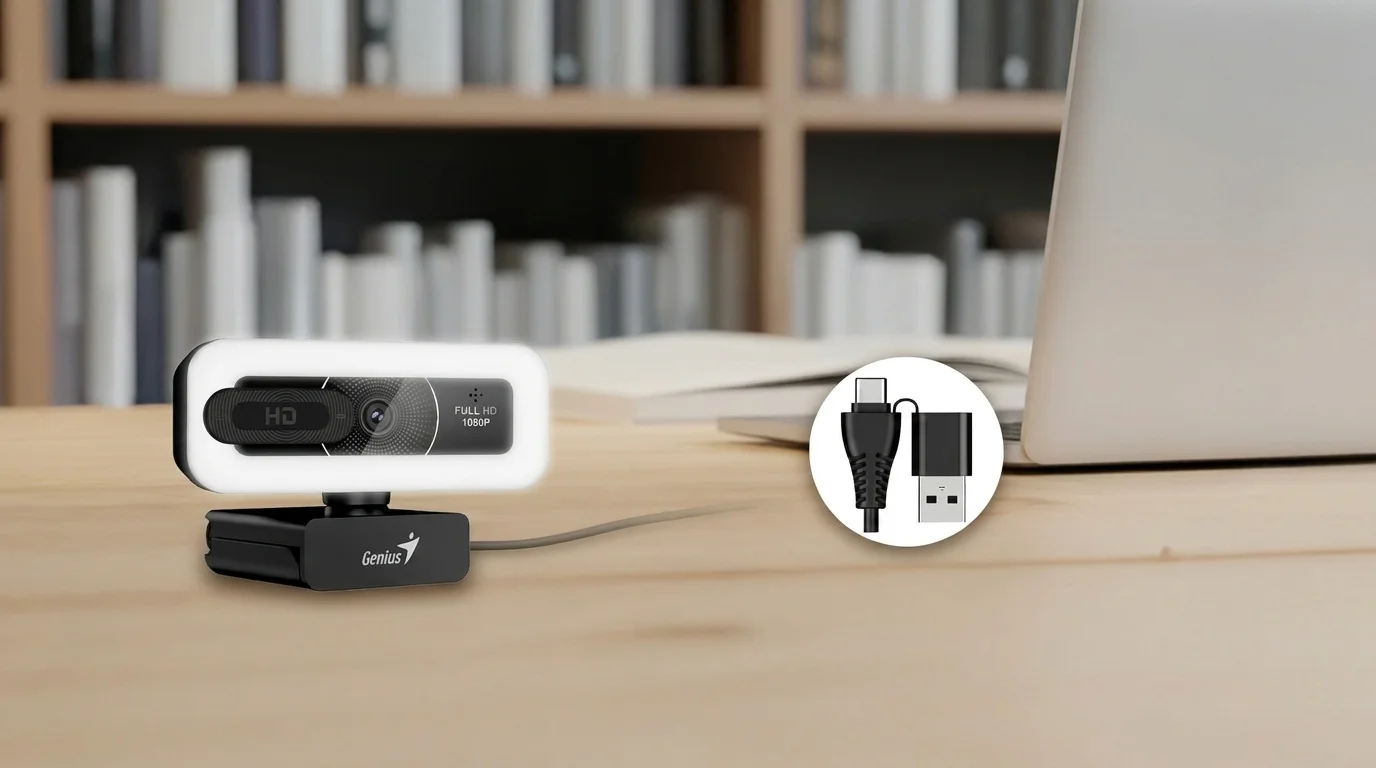 Webkamera Genius FaceCam Light se sv&iacute;t&iacute;c&iacute;m LED prstencem na stole vedle notebooku.