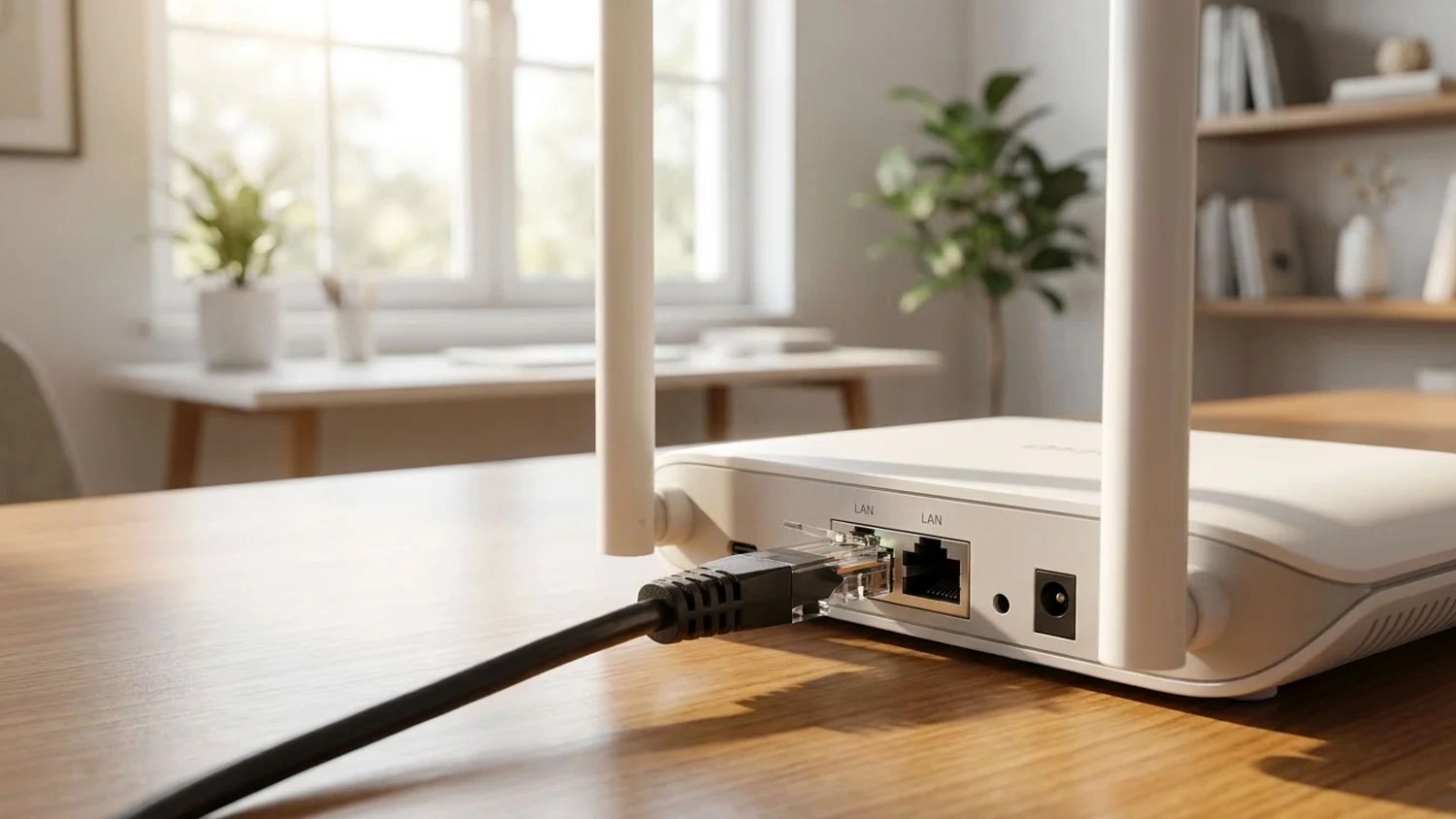 Sieťov&yacute; k&aacute;bel RJ45 zapojen&yacute; do LAN portu Wi-Fi routera.