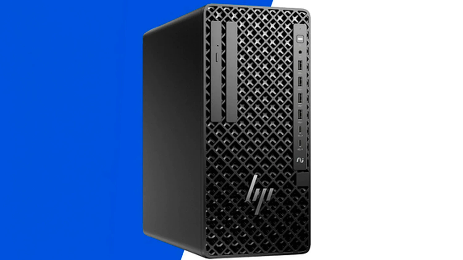 Bílé pozadí s modrým prvkem a počítač HP