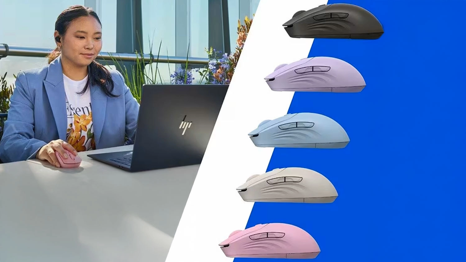 Žena pracující na notebooku HP s růžovou myší a pět barevných variant bezdrátové myši HP 400 Quiet.