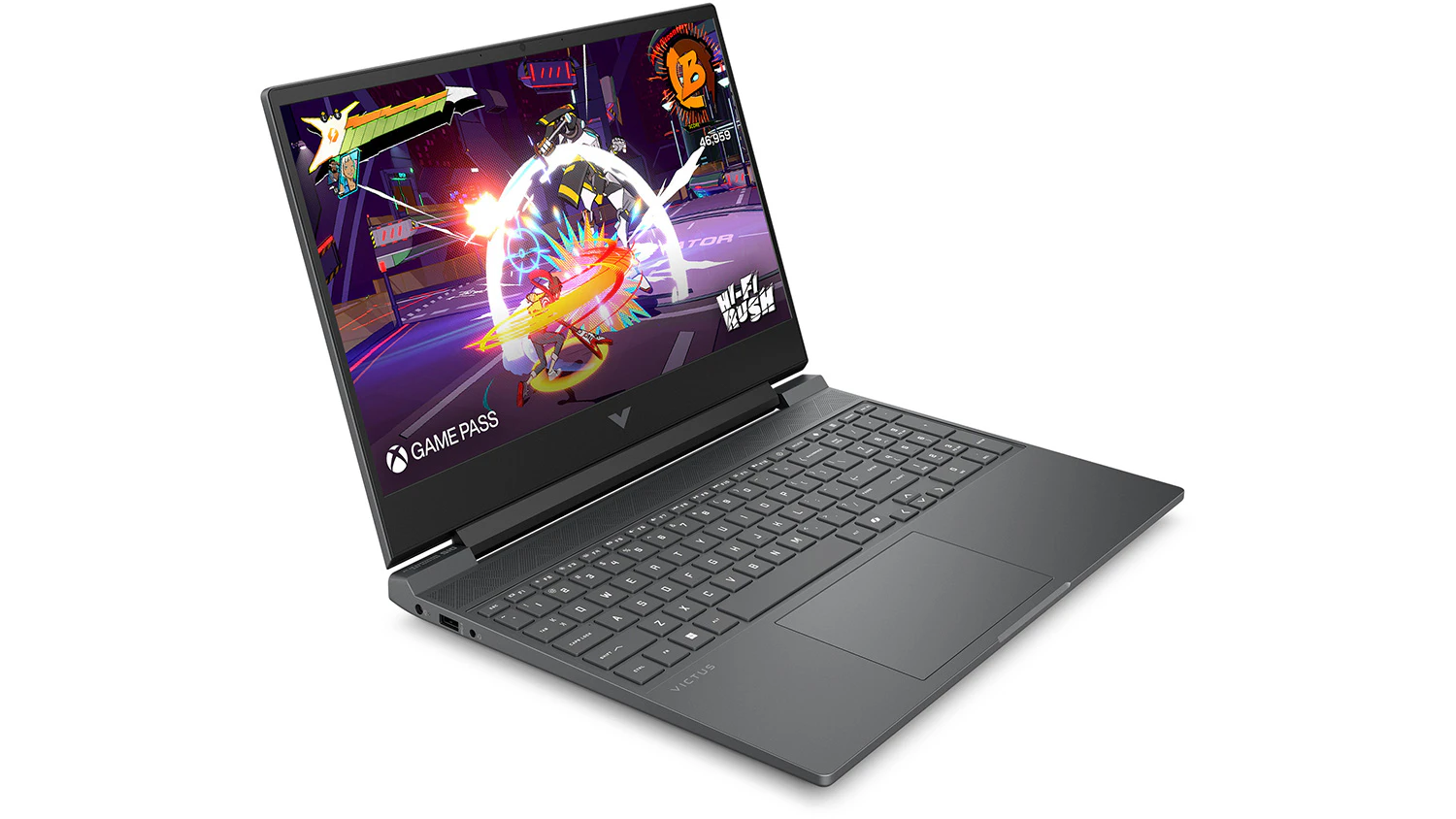 Pohľad zošikma spredu na notebook HP Victus