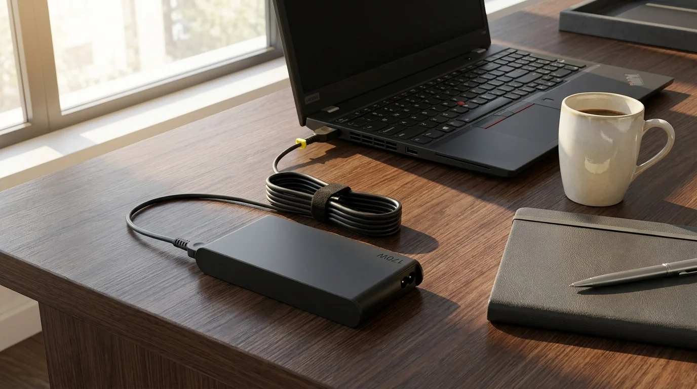 Čierny nab&iacute;jac&iacute; adapt&eacute;r Lenovo Slim 170 W AC Adapter zapojen&yacute; do notebooku.