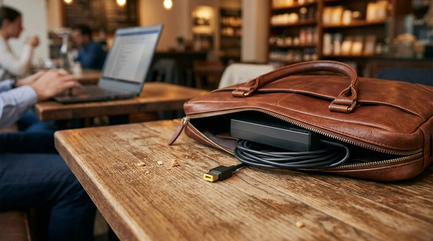 Nab&iacute;jac&iacute; adapt&eacute;r Lenovo Slim uložen&yacute; v pootvorenej hnedej koženej ta&scaron;ke na drevenom stole.