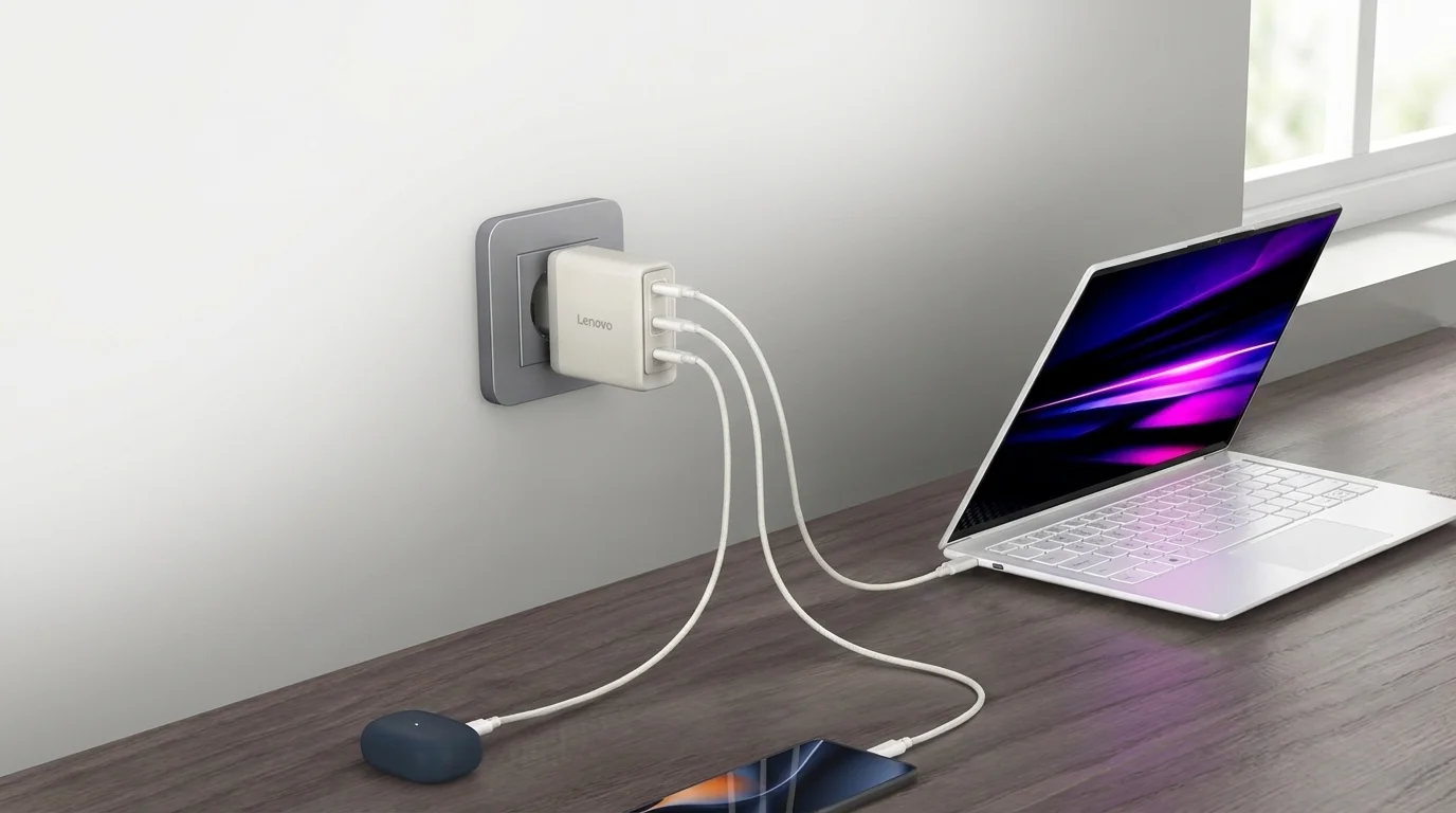 Napájecí adaptér Lenovo zapojený v zásuvce nabíjí pomocí tří kabelů