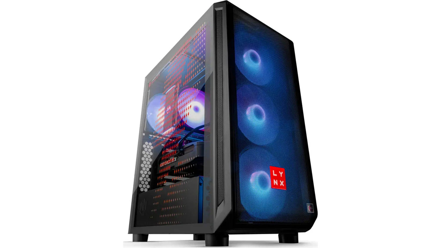Herní PC Lynx Dynamo Eclot Ryzen 7 RTX 5070 pohled šikmo zespodu