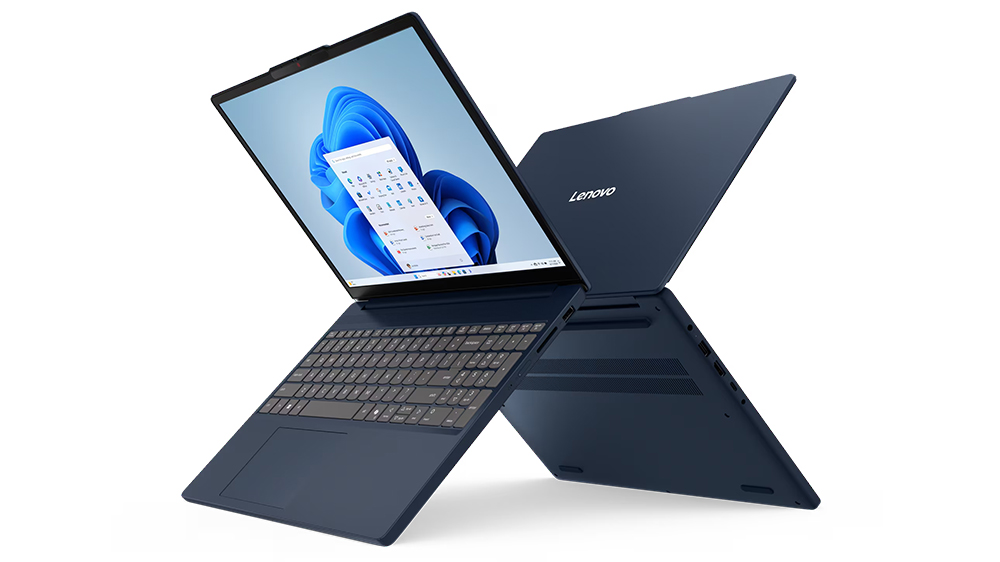 Dva notebooky Lenovo IdeaPad Slim 3 15IRH10 opřené o sebe_03“