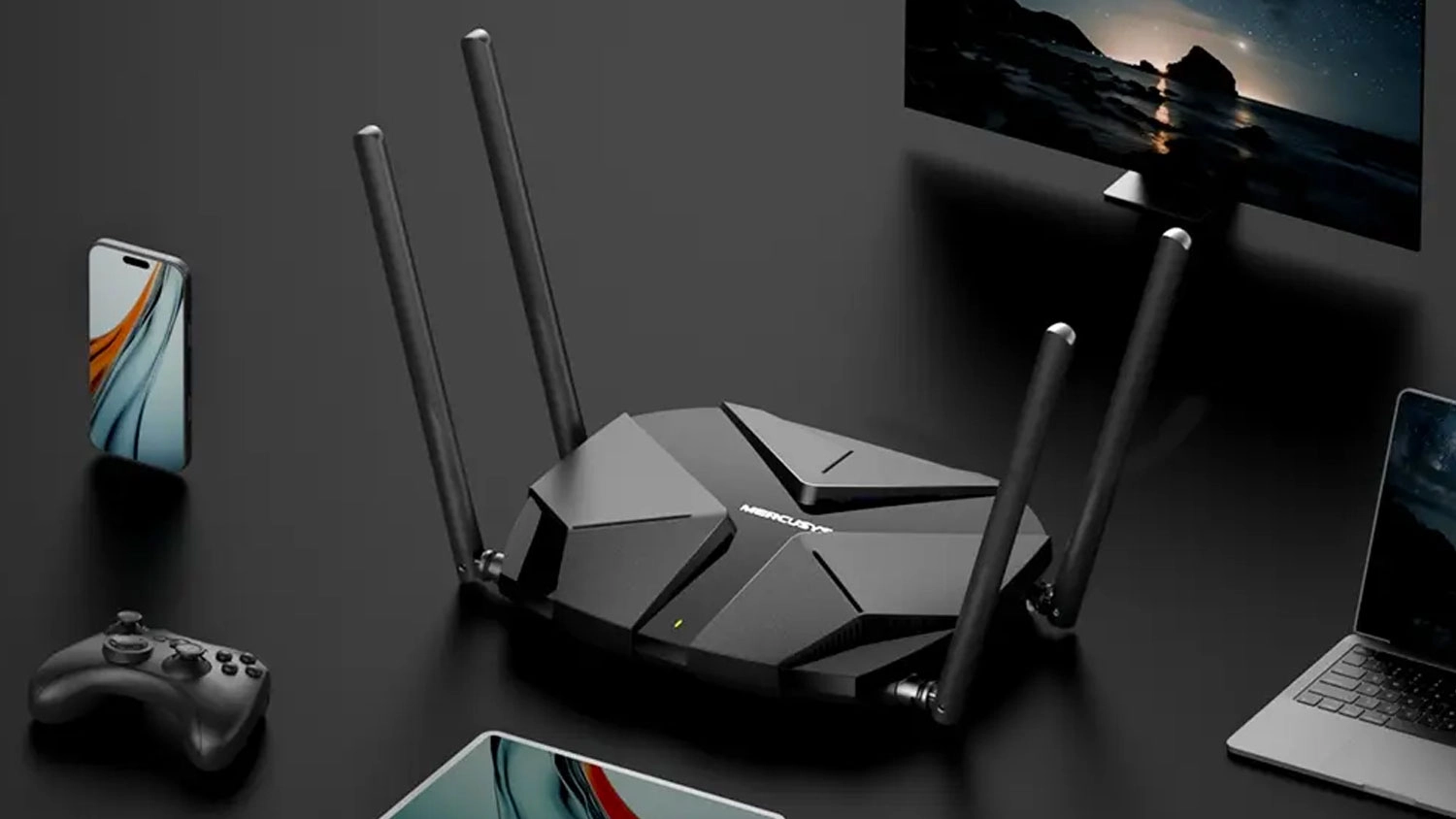 WiFi router Mercusys MR85X a připojen&aacute; různ&aacute; zař&iacute;zen&iacute;
