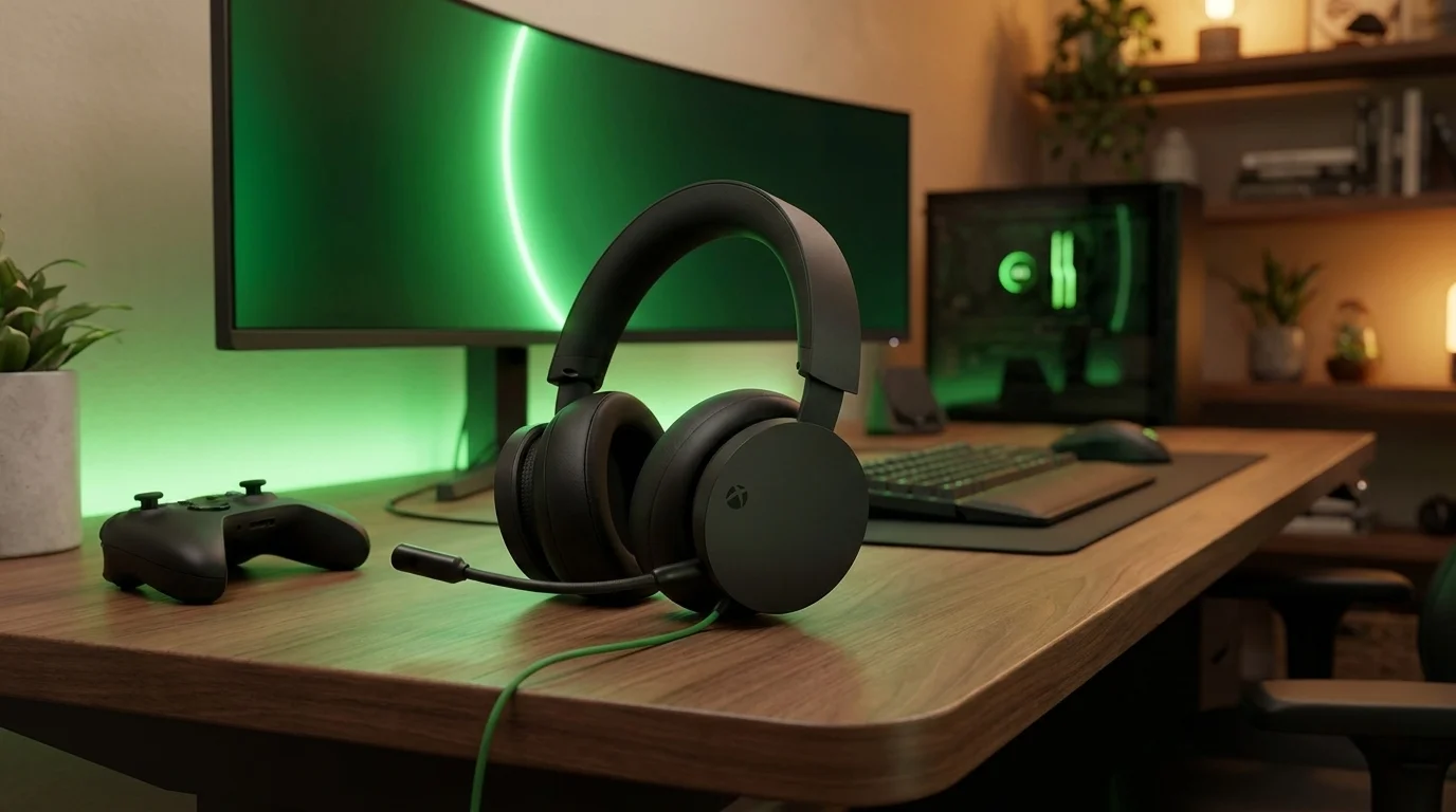 Čierne slúchadlá Microsoft Xbox Stereo Headset s mikrofónom a zeleným káblom položené na drevenom stole.