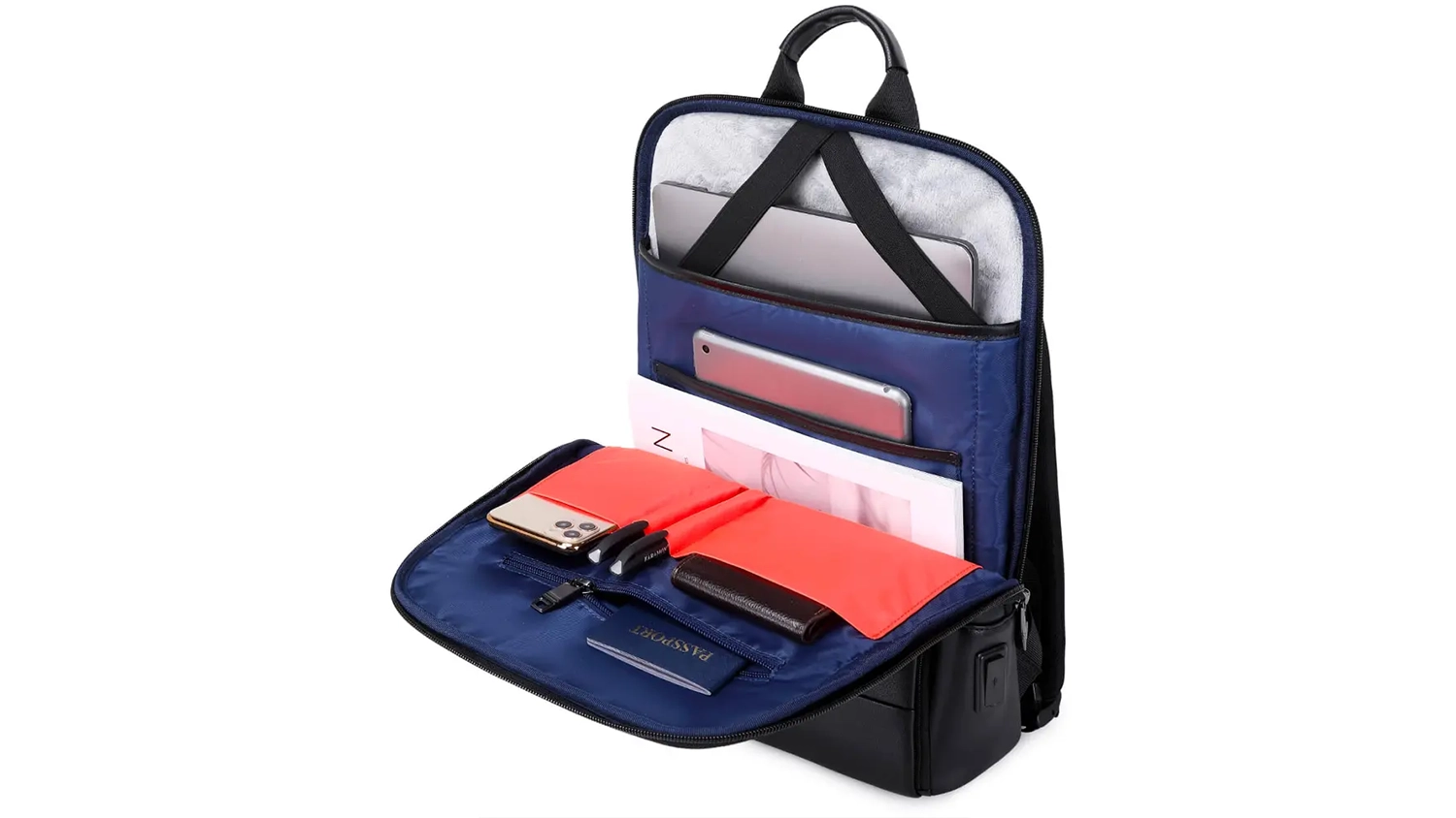 Otvoren&yacute; batoh na notebook Mybalo Spectrum Black (MY-BA-240003) s uložen&yacute;m notebookom, tabletom a ďal&scaron;&iacute;mi vecami vo vreck&aacute;ch