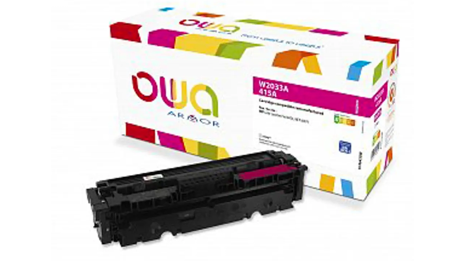 Náhradní tonerová kazeta OWA W2033A magenta na bílém pozadí