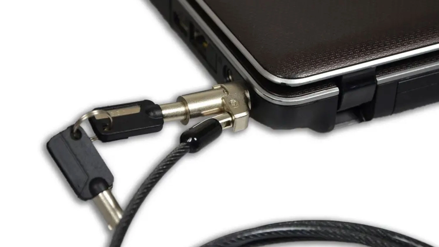 Bezpečnostní sada kabelu s klíčem Port Designs Noble Wedge Slot připevněná k notebooku