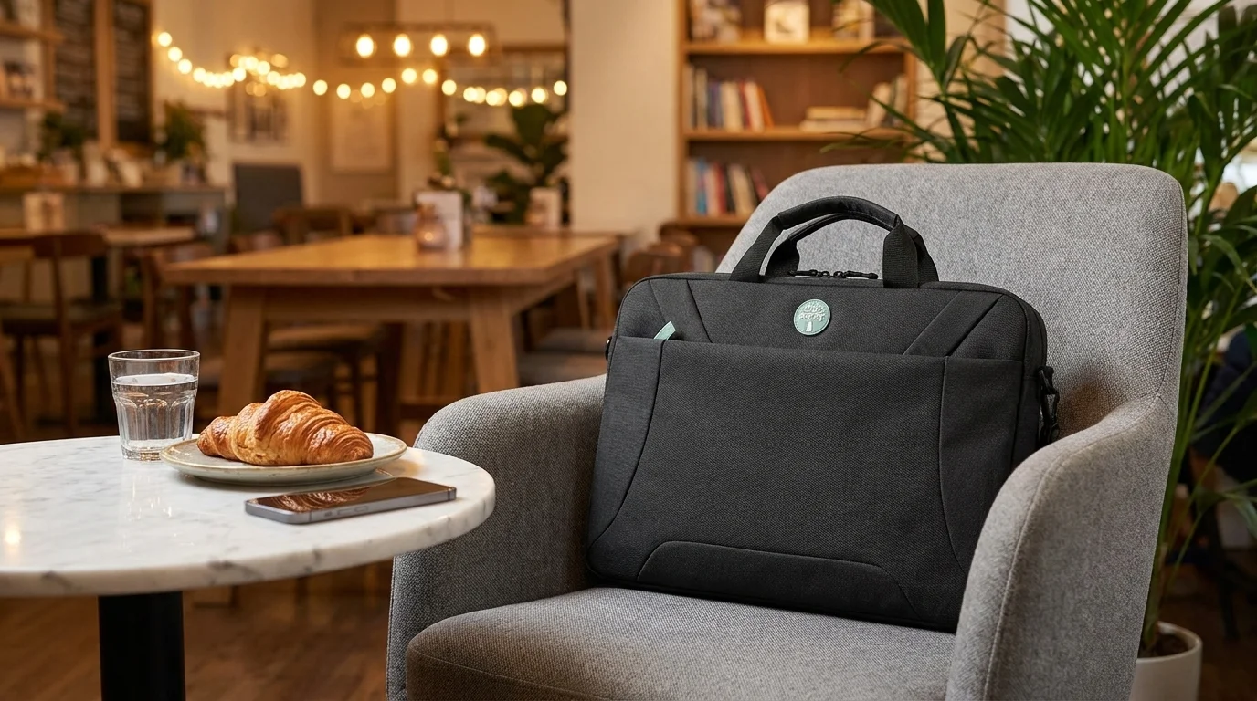 Čern&aacute; ta&scaron;ka na notebook PORT Designs HOUSTON II 16" položen&aacute; na &scaron;ed&eacute;m křesle v kav&aacute;rně
