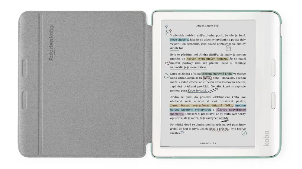 Otevřený kryt Kobo Libra Colour Basic SleepCover zahradní zelená na čtečce knih_02