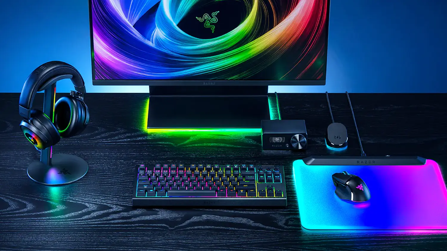 Herný setup so stojanom Razer Base Station V3 Chroma