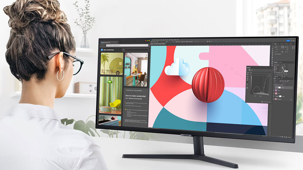 Žena pracuj&iacute;c&iacute; na monitoru Samsung ViewFinity S5 S50GC _04