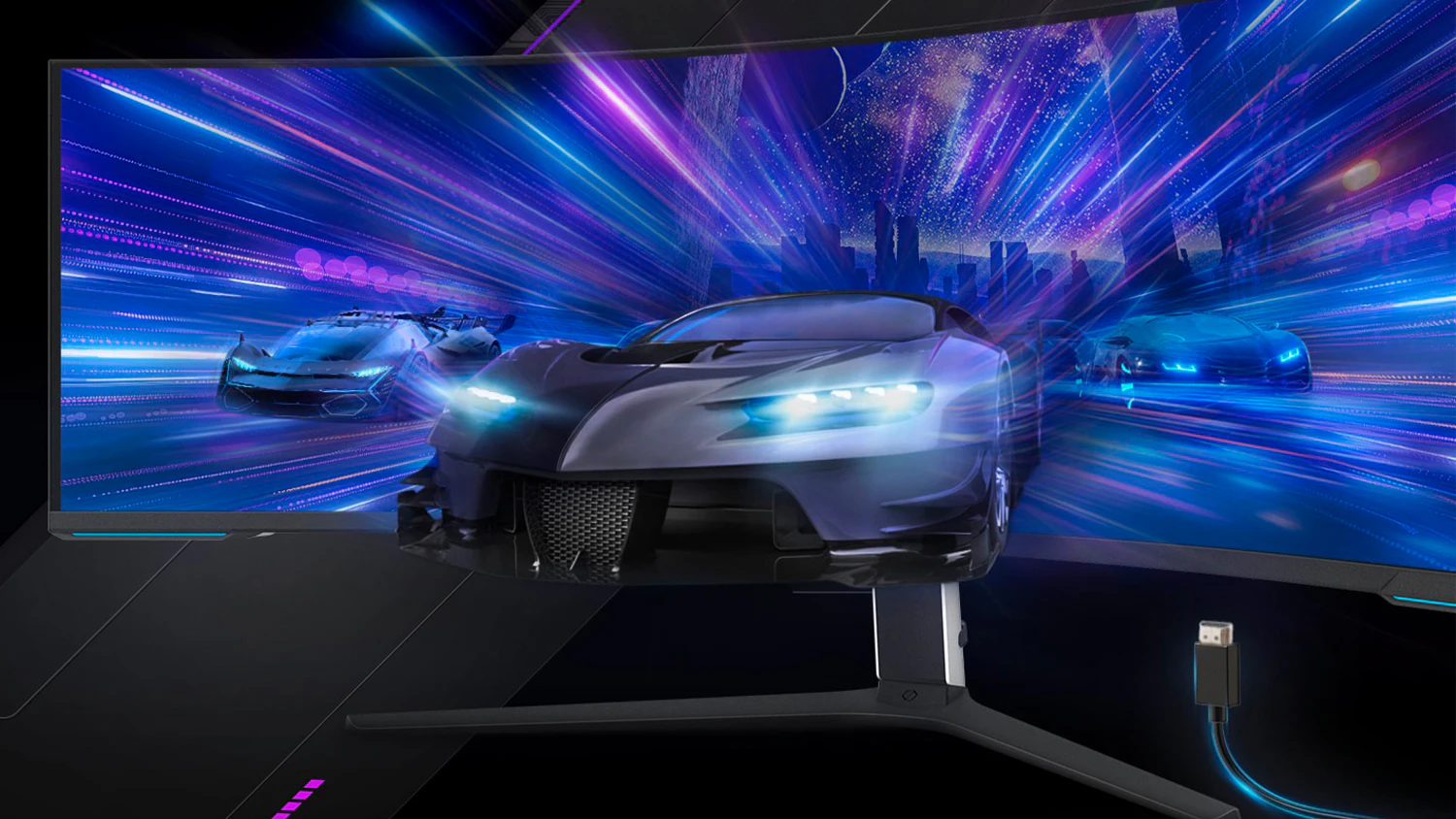 Grafika auta vyj&iacute;žděj&iacute;c&iacute;ho z monitoru Samsung Odyssey Neo G9