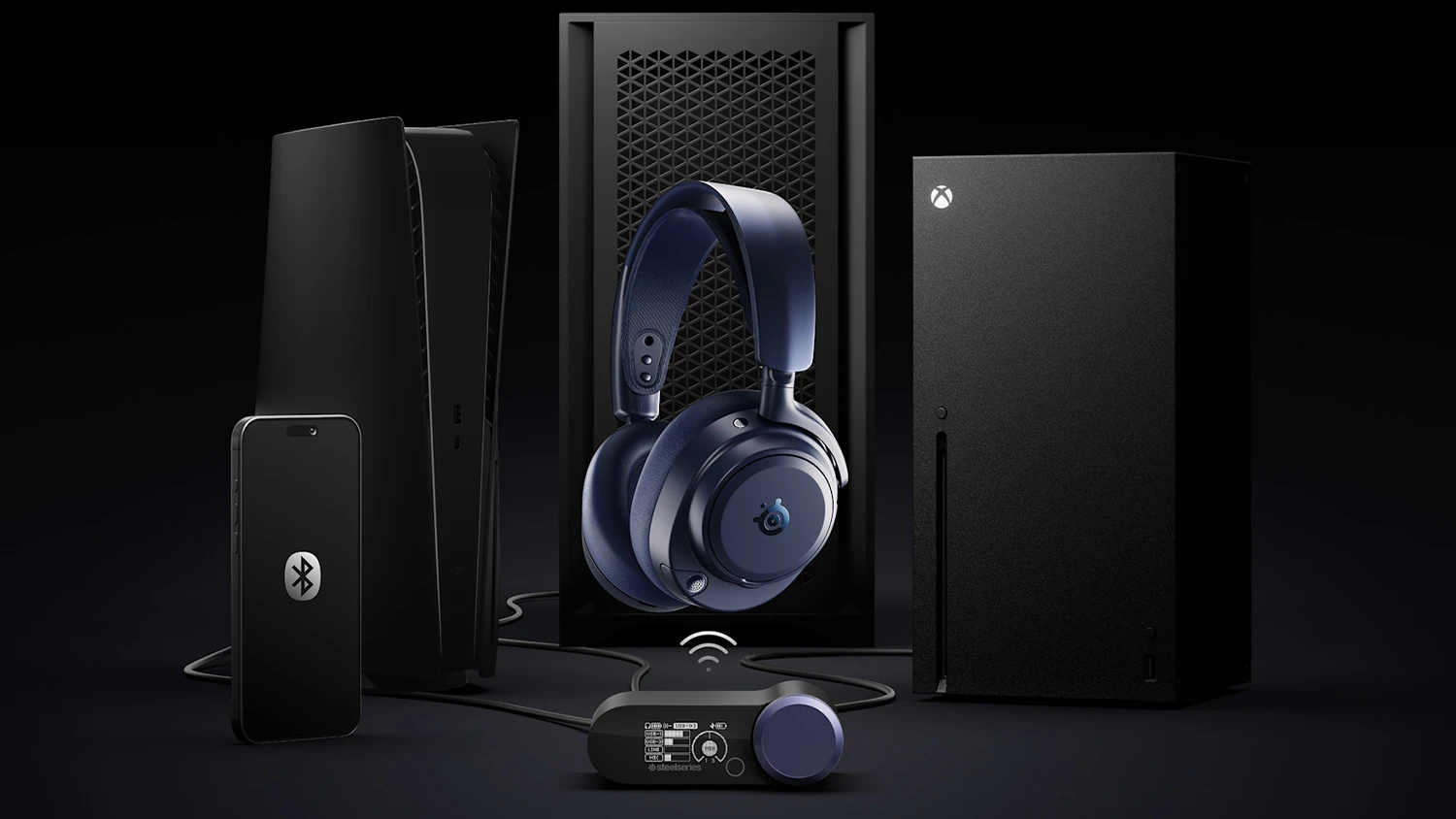 Bezdrôtové slúchadlá SteelSeries Arctis Nova Pro Omni pred rôznymi zariadeniami