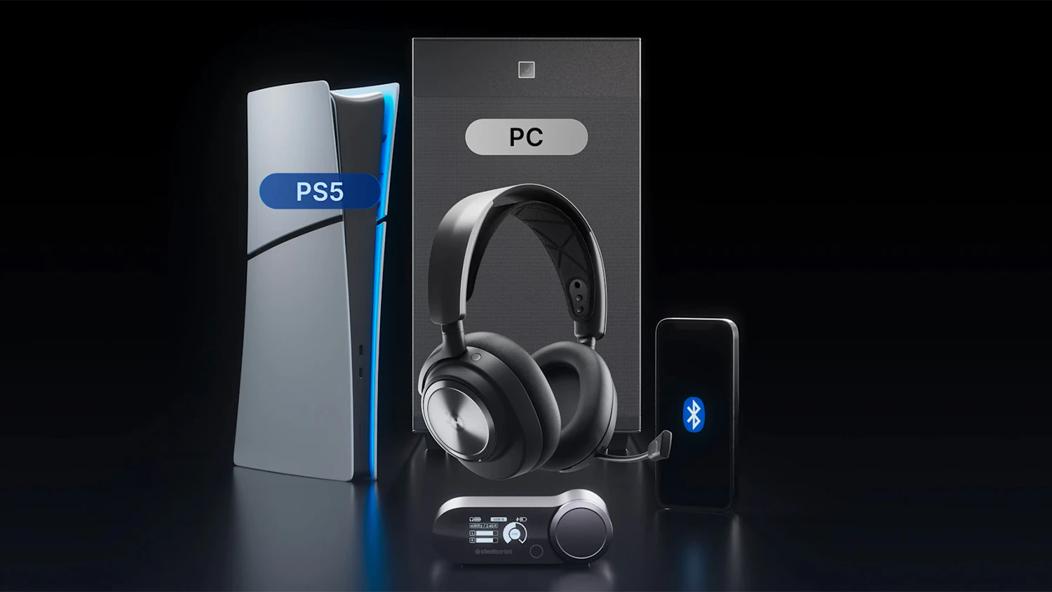 Bezdrôtové slúchadlá SteelSeries Arctis Nova Pro Wireless pred viacerými zariadeniami
