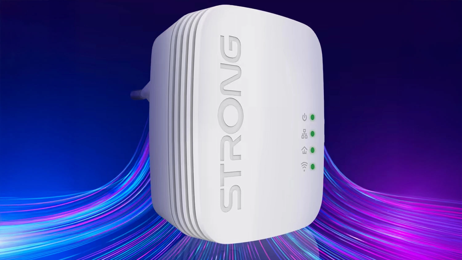 Powerline adaptér Strong Kit Powerline CPL 600 Wi-Fi Duo Mini na fialovém pozadí