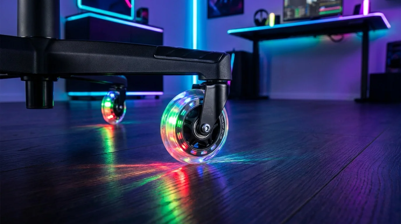 Gelov&aacute; kolečka Trust GXT 701 LED s barevn&yacute;m podsv&iacute;cen&iacute;m na hern&iacute; židli na tmav&eacute; podlaze.