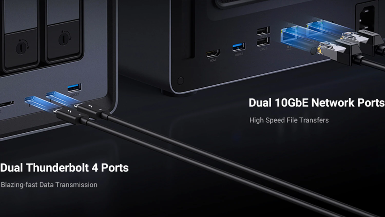 Thunderbolt a s&iacute;ťov&eacute; porty na &uacute;loži&scaron;ti UGREEN NASync DXP6800 Pro