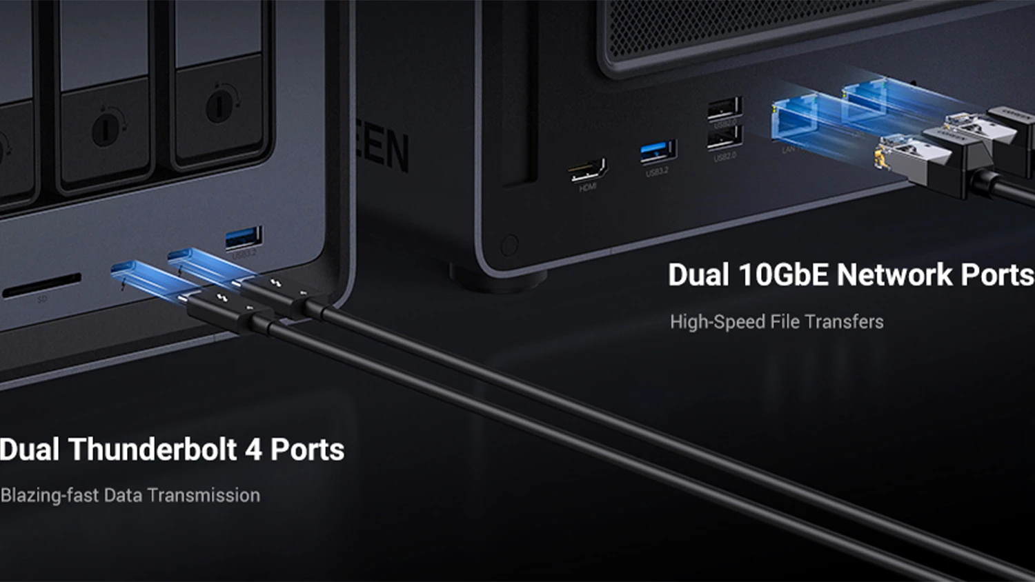Thunderbolt a s&iacute;ťov&eacute; porty na &uacute;loži&scaron;ti UGREEN NASync DXP8800 Plus