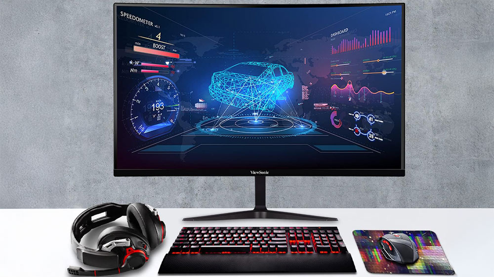 LED monitor ViewSonic VX2718-2KPC-MHD na stole se sluchátky a klávesnicí_02