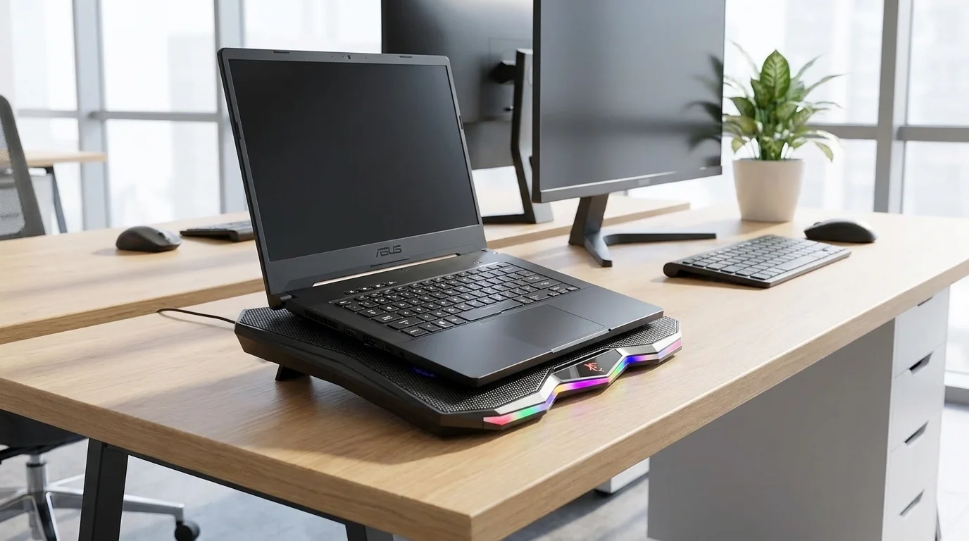Čern&yacute; notebook na chlad&iacute;c&iacute; podložce White Shark GLACIER s barevn&yacute;m LED osvětlen&iacute;m na dřevěn&eacute;m pracovn&iacute;m stole.