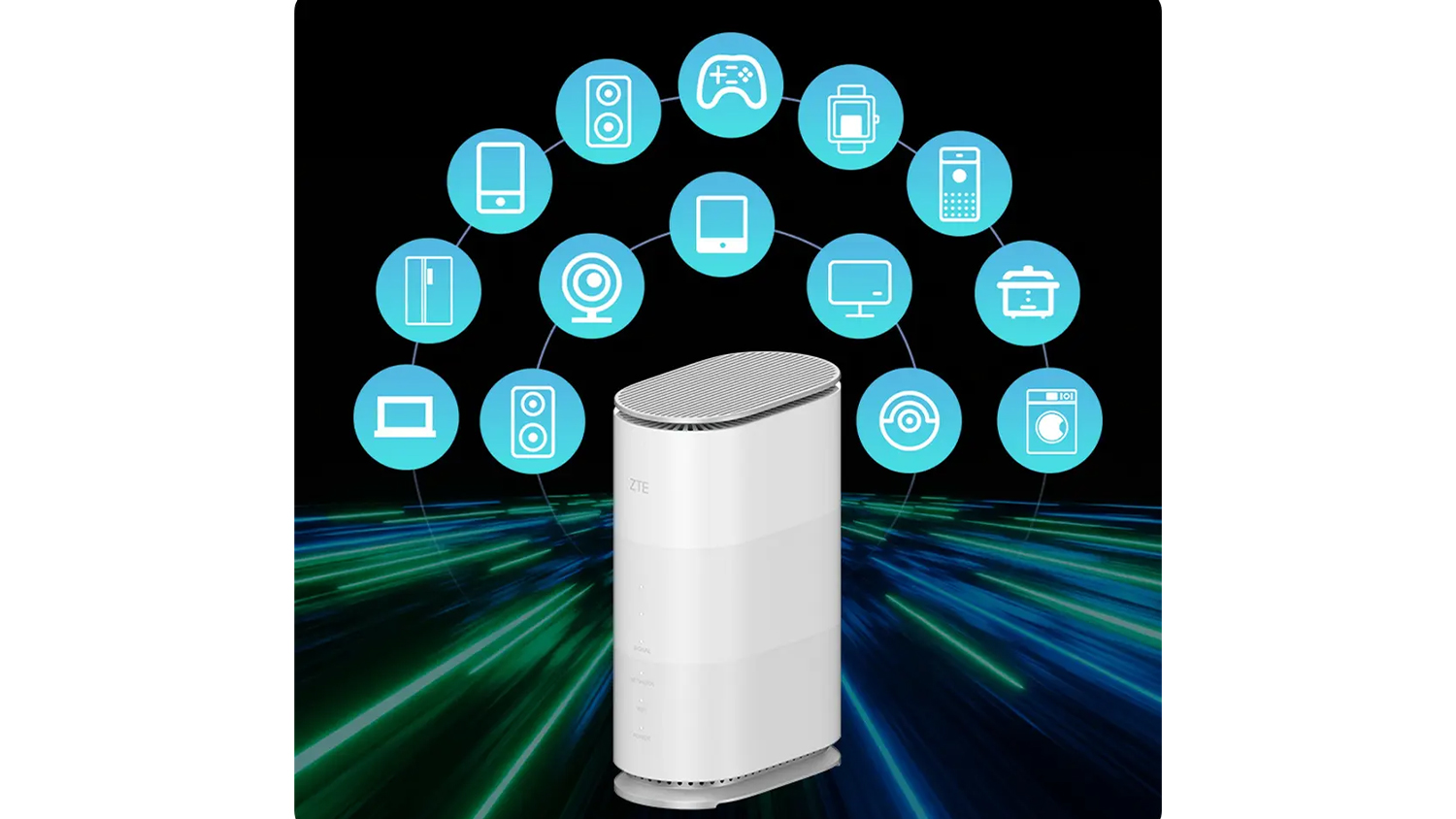 Router ZTE G5 Air 5G CPE s ikonami různých zařízení