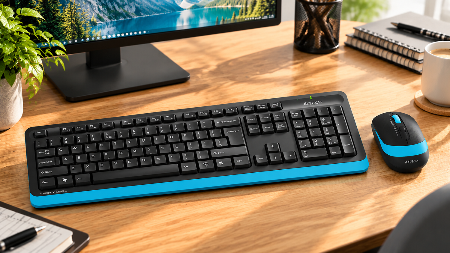S&uacute;prava kl&aacute;vesnice a my&scaron;i A4tech Fstyler FG1010 Black/Blue CZ na pracovnom stole