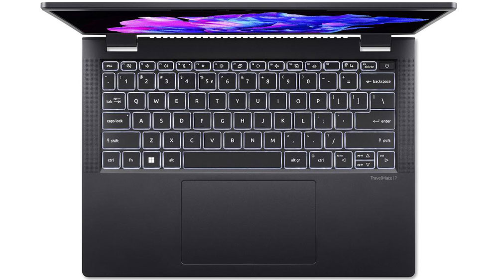 Pohled shora na podsvícenou klávesnici notebooku Acer TravelMate P6 14 TMP614-53-TCO-7441_04