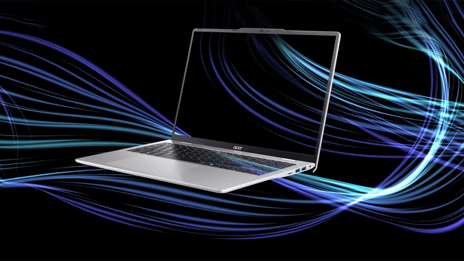 Tmav&eacute; pozadie s modr&yacute;mi vlnami a notebook Acer