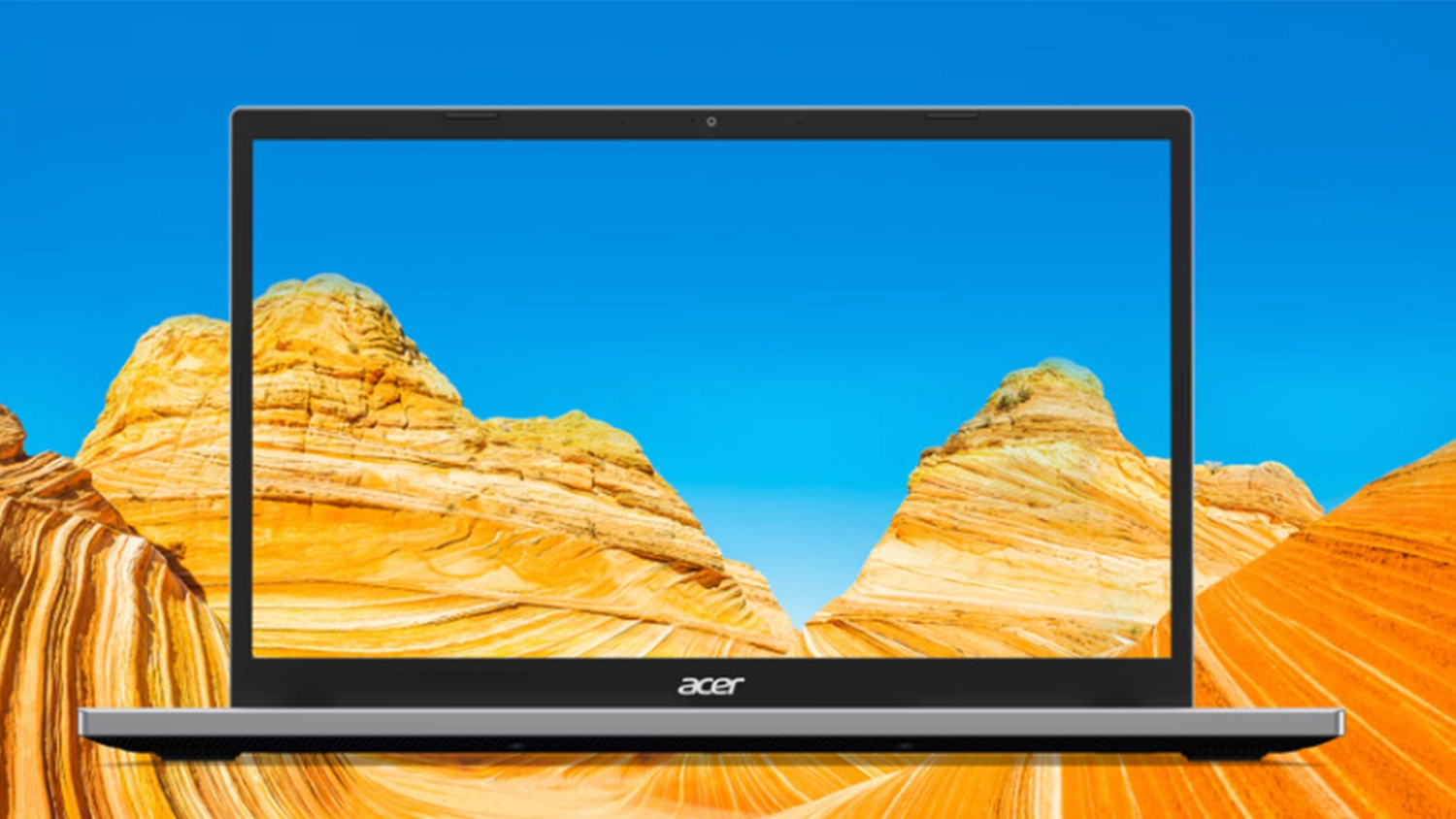Notebook Acer s pozadím přírody přesahující do obrazovky