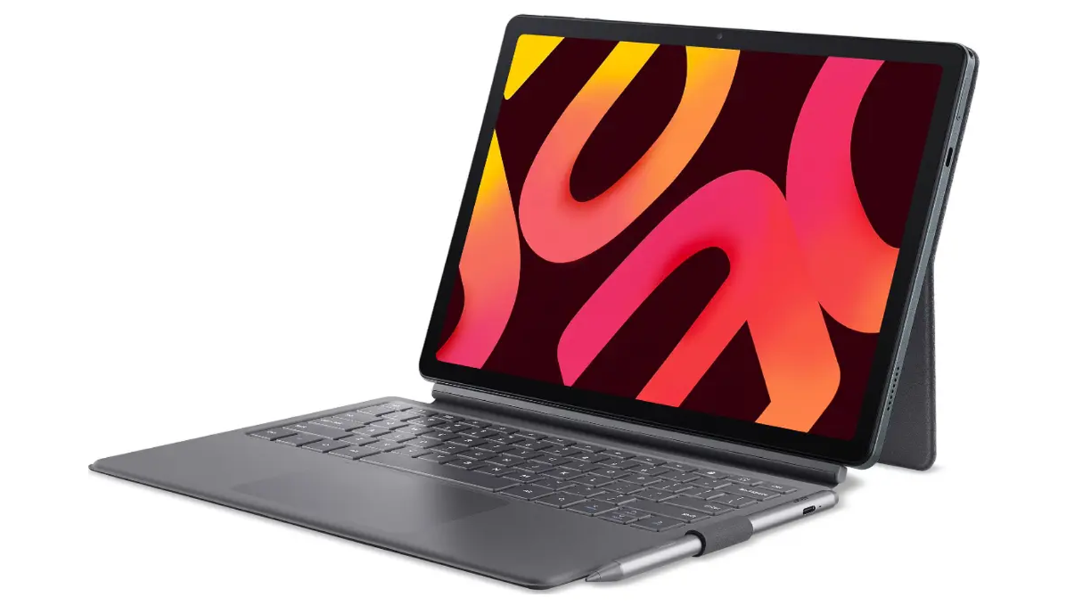 Pohled šikmo zepředu na tablet Acer Iconia Duo D12 s klávesnicí