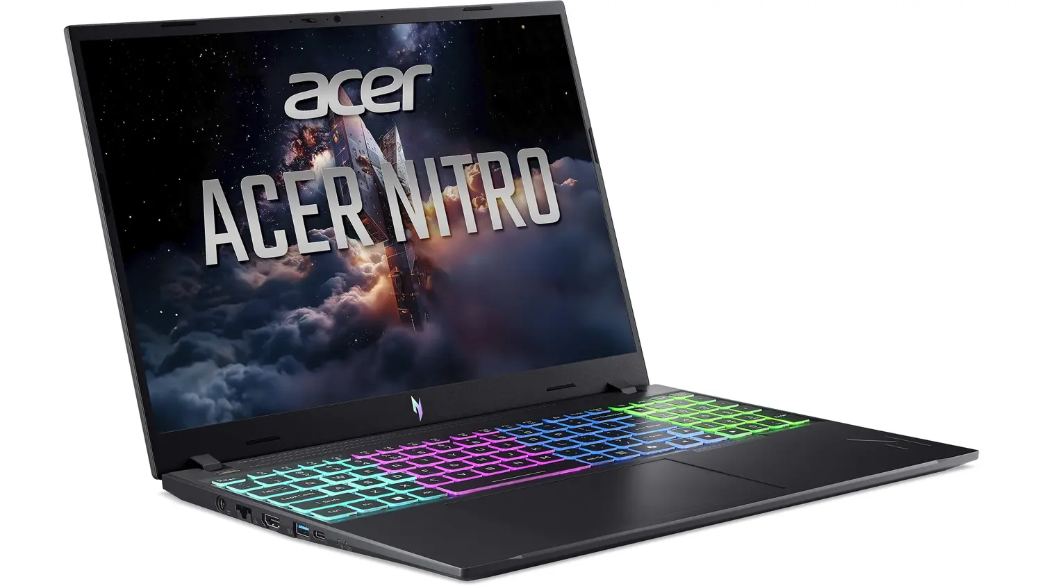 Pohľad šikmo spredu na notebook Acer Nitro V 16 ANV16-I31-98RH