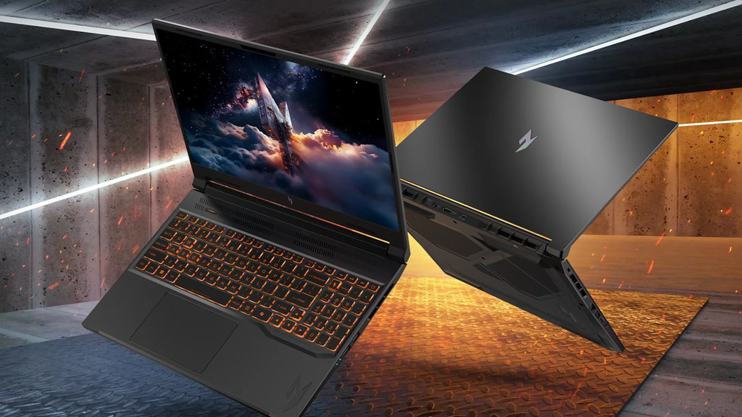 Betónové pozadie s dvoma notebookmi Acer
