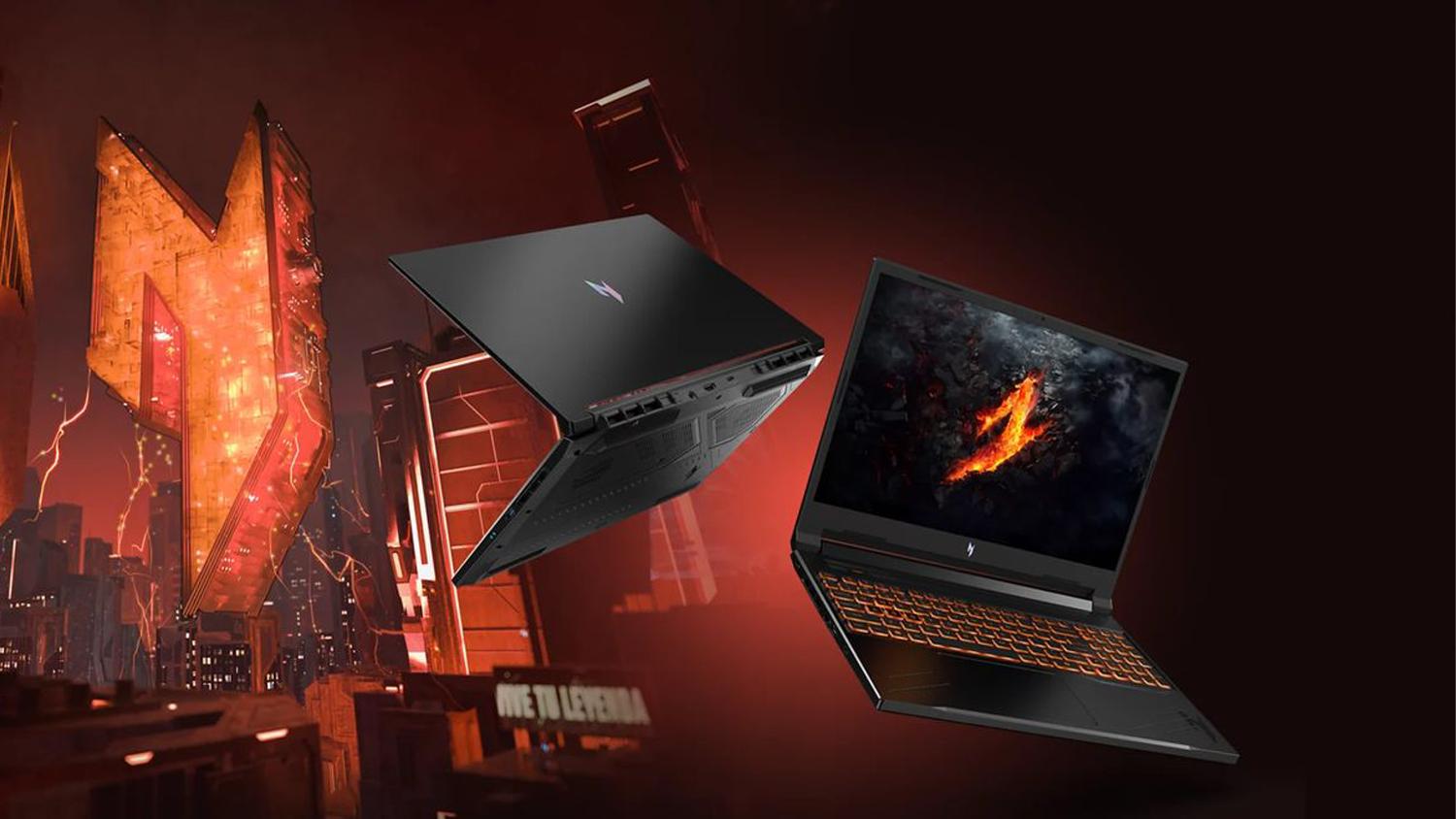 Moderné budovy na pozadí s notebookom Acer