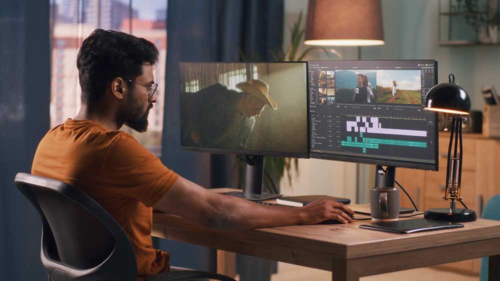 Mladý muž při editaci videa na dvou monitorech_04