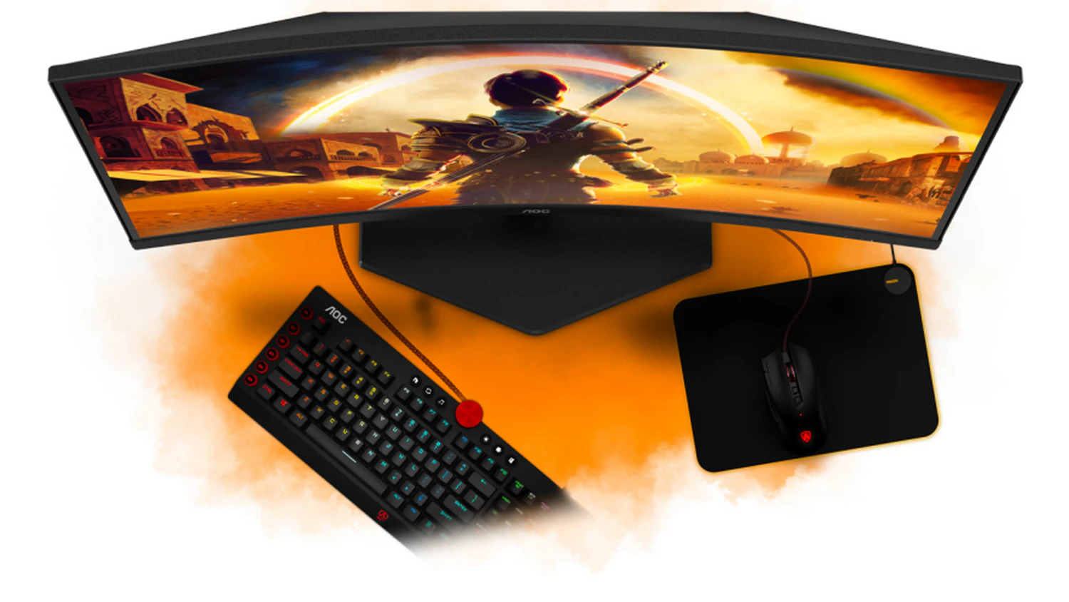 Pohľad na AOC C27G42E monitor s kl&aacute;vesnicou a my&scaron;ou zvrchu