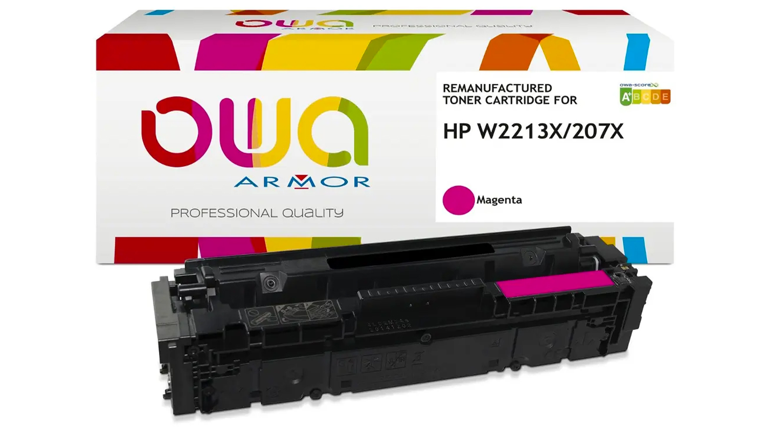 Toner OWA Armor W2213X remanufactured magenta na bílém pozadí zobrazující celkový design produktu
