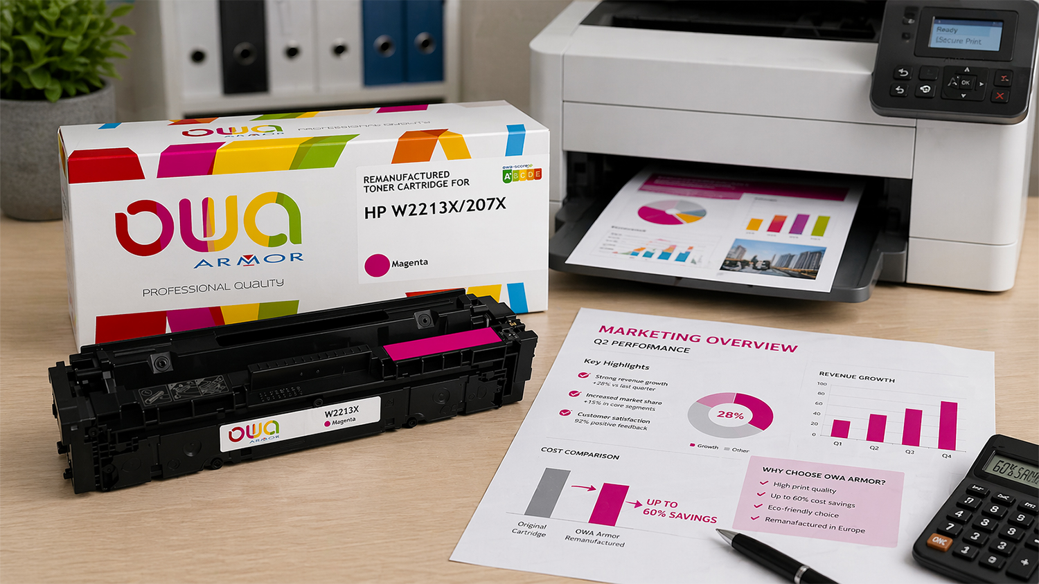 Toner OWA Armor W2213X remanufactured magenta demonstrující úsporu nákladů a kvalitní výsledky tisku